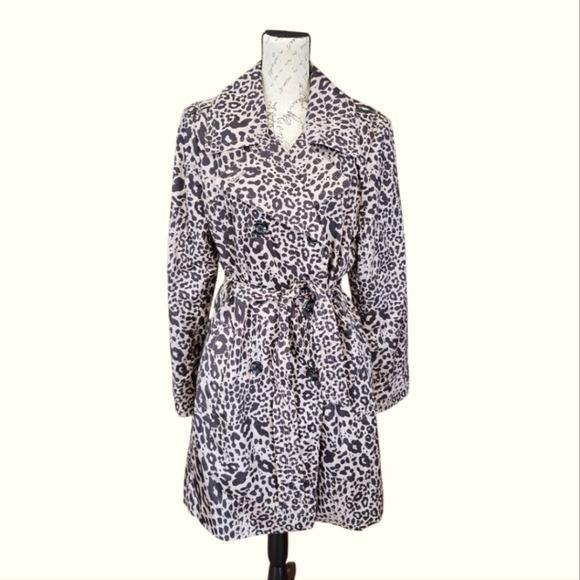 Dana Buchman Black Tan Leopard Print Double Breasted Button Up Trench Coat L - Picture 1 of 10